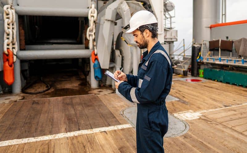 Marine Deck Officer or Chief mate on deck of vessel or ship . He is inspecting and writing checklist. Ship paperwork