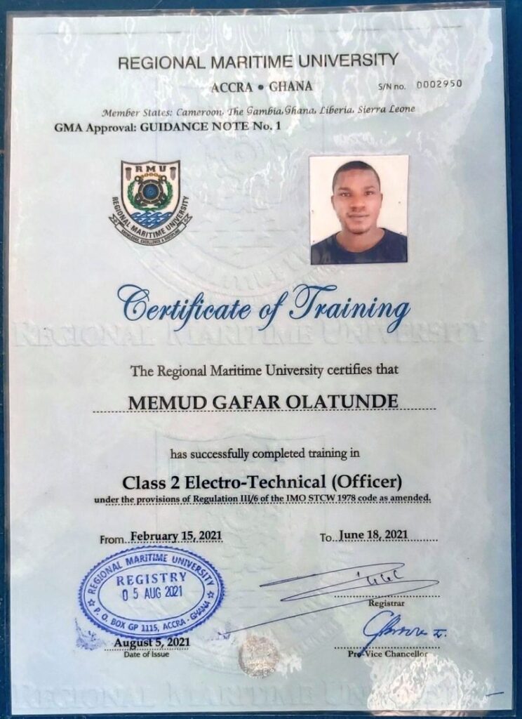 Gafar Olatunde training certificate