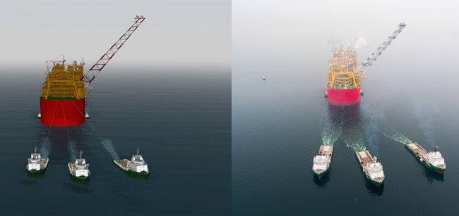 HR-Wallingford-simulation-(left)-and-photograph-by-Shell-(right)-of-the-Prelude-tow-with-POSH-tugs-