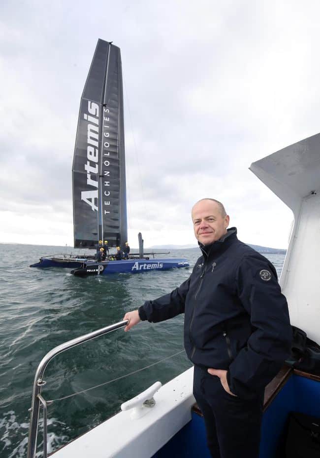 One of the worldÕs fastest yachts, the AC45f, was in Belfast today helmed by double Olympic gold medallist and AmericaÕs Cup veteran Iain Percy. The foiling AC45f, not seen before in Ireland, is owned by Artemis Technologies who will launch a major investment project in Belfast on Thursday aimed at the decarbonisation of maritime.
