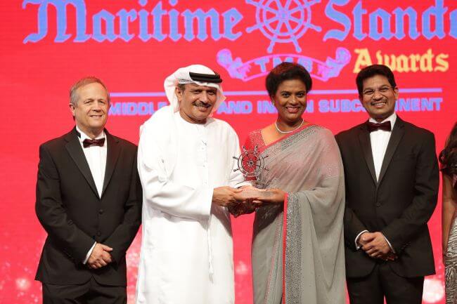 June Manoharan accepts the Maritime Standard Technology/Innovation Award on behalf of LUKOIL Marine Lubricants